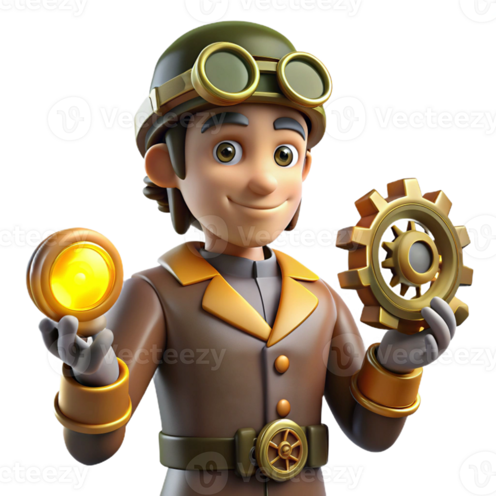 serene minimalist 3D Render of a Steampunk Inventor authentic png