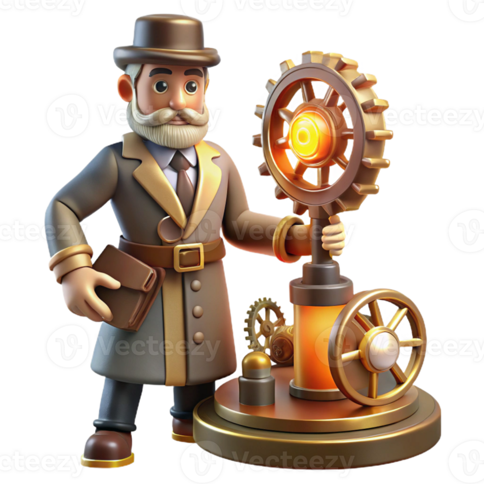 extraordinary abstract Steampunk Inventor 3D Render detailed png