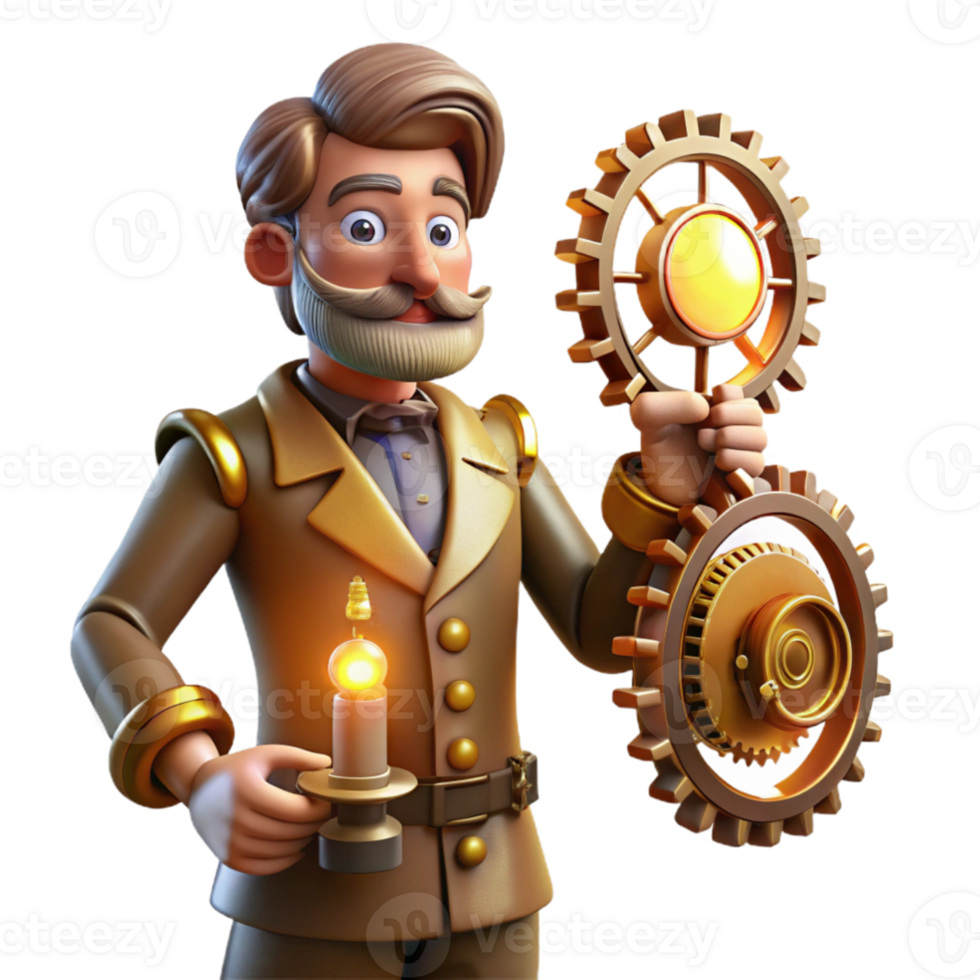 vibrant contemporary Steampunk Inventor 3D Illustration authentic png