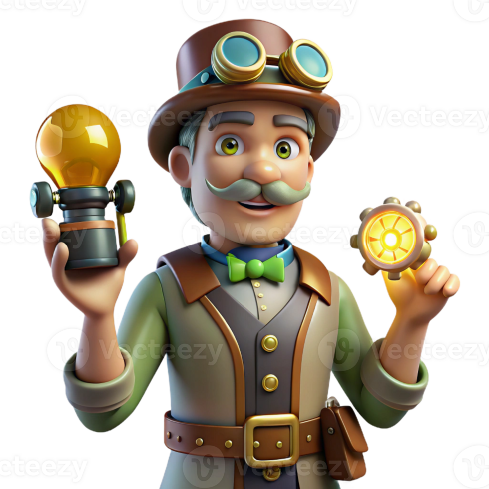 elegant vintage 3D Inventor Cartoon Illustration professional png