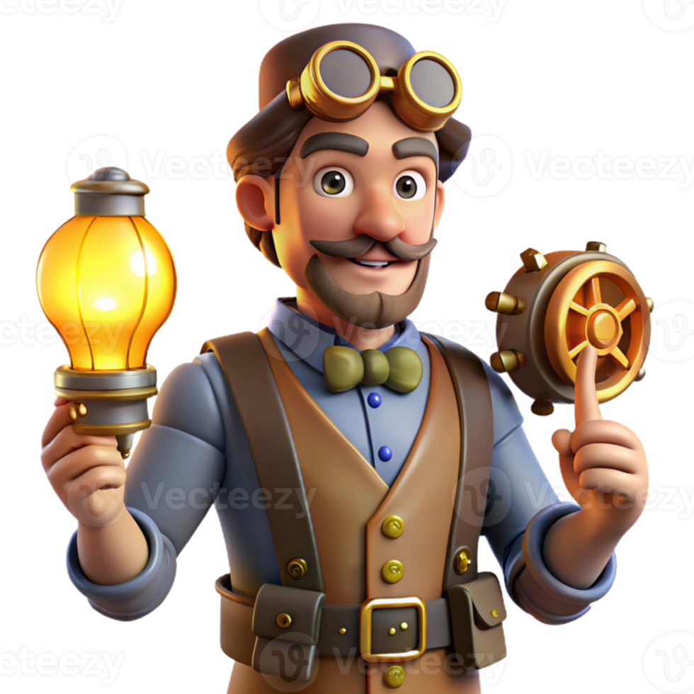 beautiful modern 3D Illustration Steampunk Inventor premium png