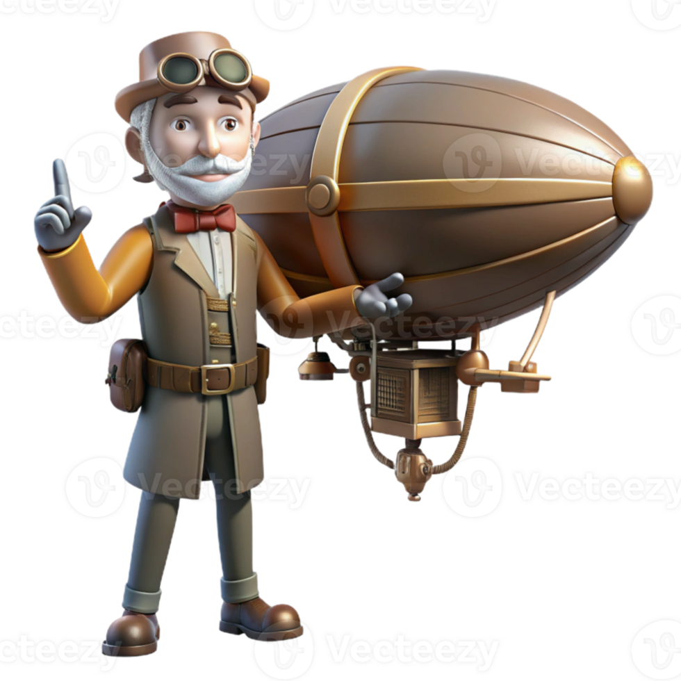 elegant contemporary 3D Cartoon Airship Inventor 4K png