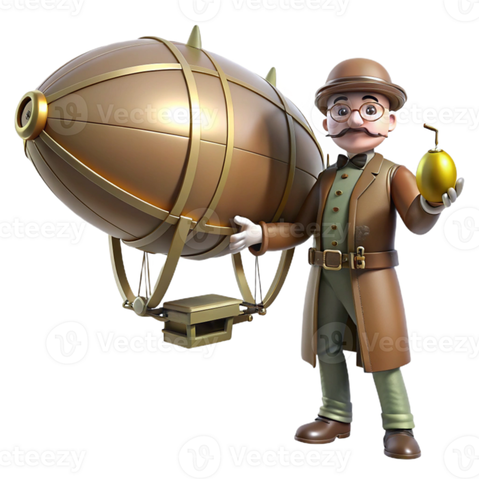 impressive traditional 3D Illustration Steampunk Airship and Gentleman exclusive png