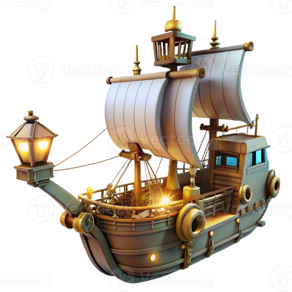 vibrant minimalist 3D Render of a Steampunk Galleon 4K png