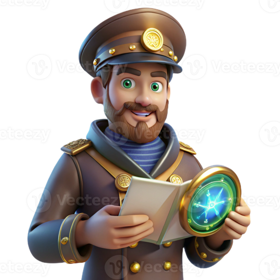 stunning creative 3D Illustration Smiling Captain with Map and Compass 4K png
