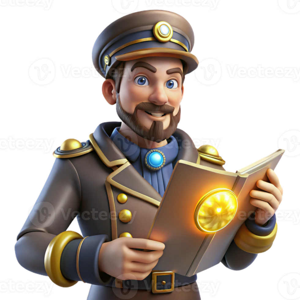 elegant traditional 3D Illustration of a Captain with a Book detailed png