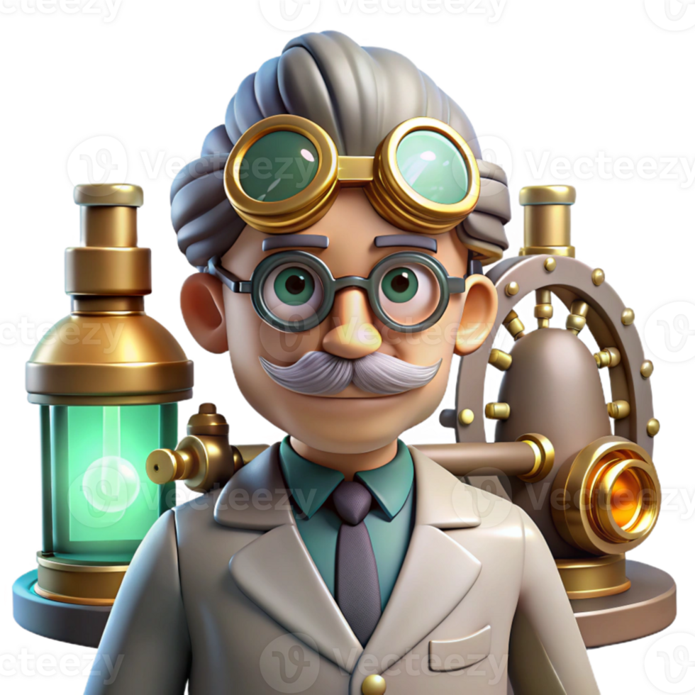 impressive classic 3D Cartoon Scientist with Lab Equipment premium png