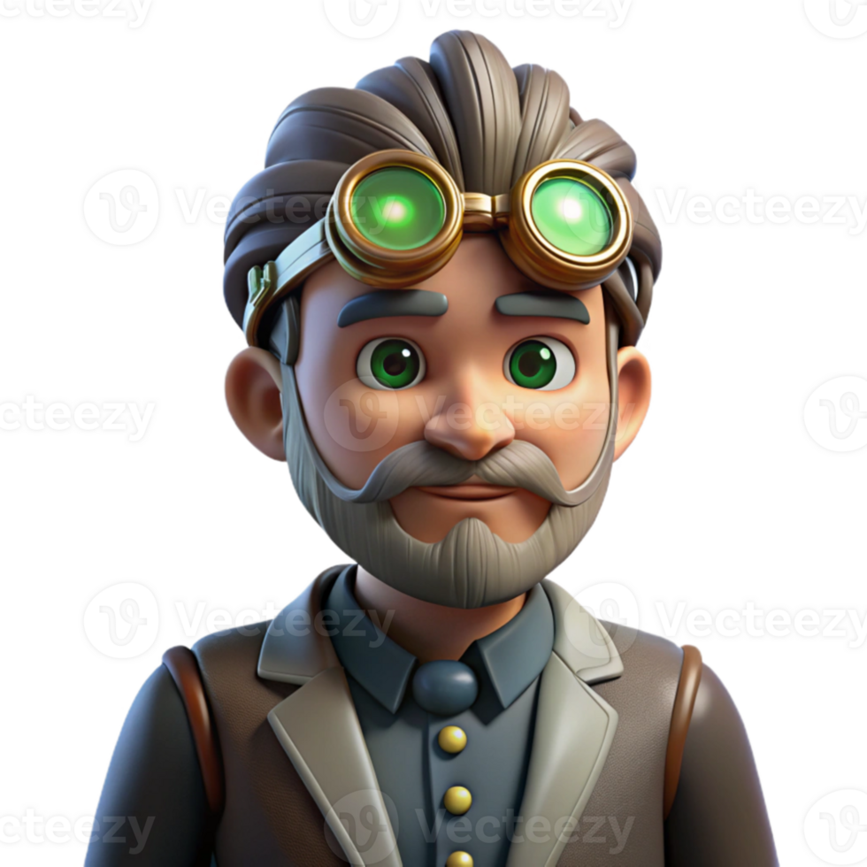 extraordinary classic 3D Cartoon Inventor with Goggles detailed png
