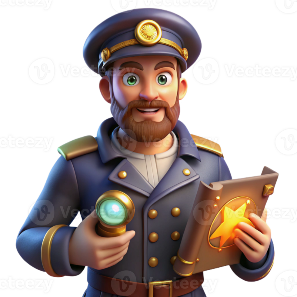 dramatic rustic 3D Cartoon Captain with a Book and a Flashlight high quality png