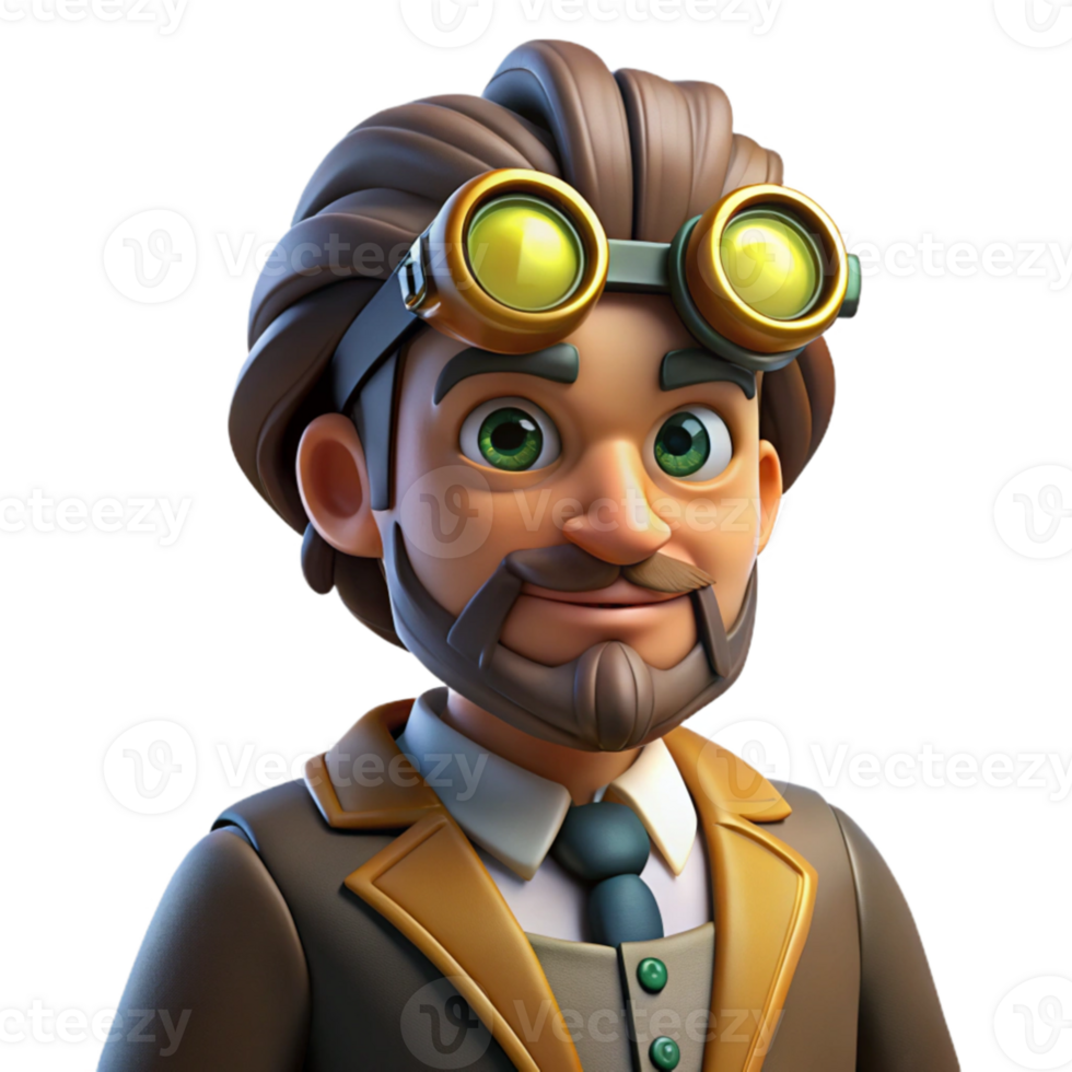 impressive abstract 3D Cartoon Inventor Character Illustration high quality png