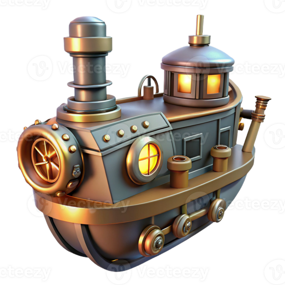 impressive artistic Steampunk Boat 3D Render detailed png