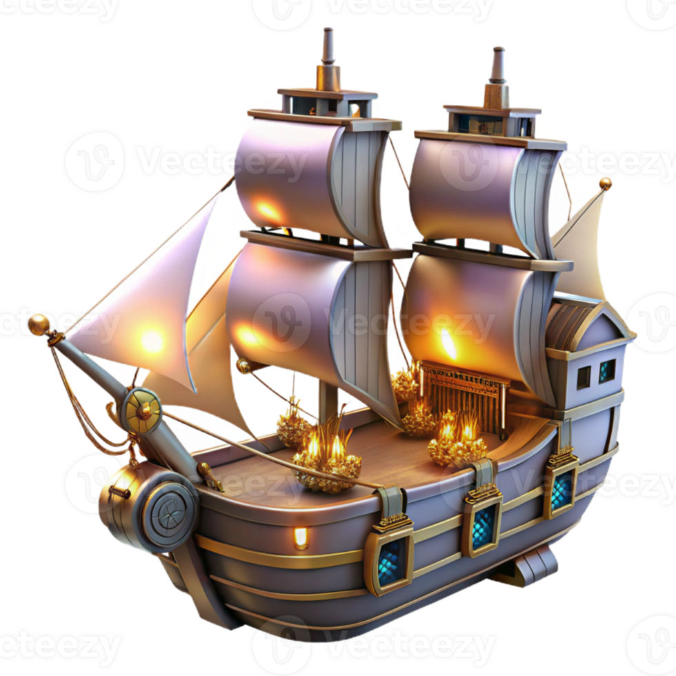 impressive abstract 3D Model Golden Galleon Ship Illustration high resolution png