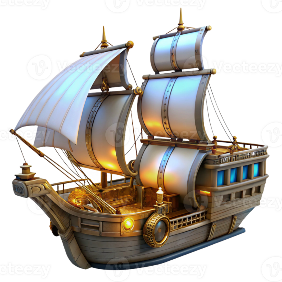 beautiful artistic Golden Galleon 3D Render authentic png