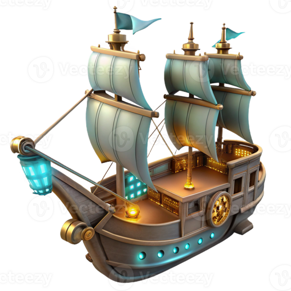 extraordinary minimalist 3D Render of a Steampunk Sailing Ship high quality png
