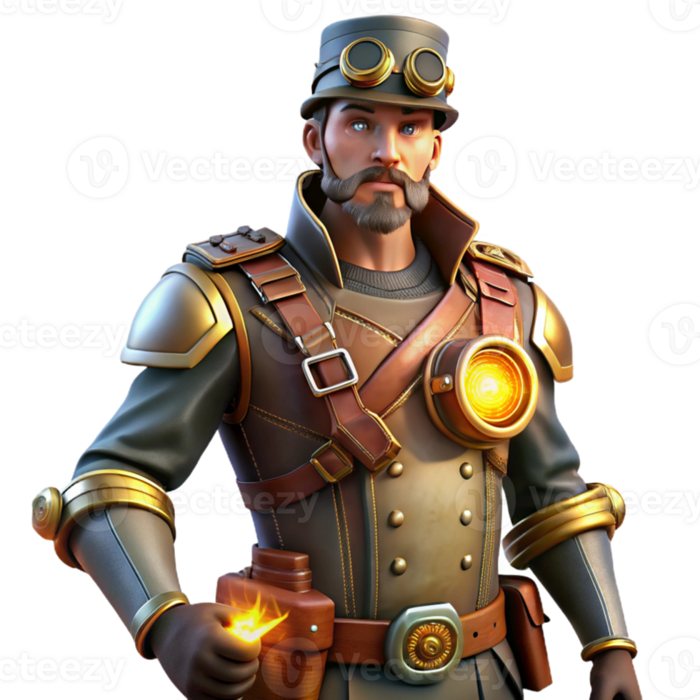extraordinary modern Steampunk Inventor 3D Render 4K png
