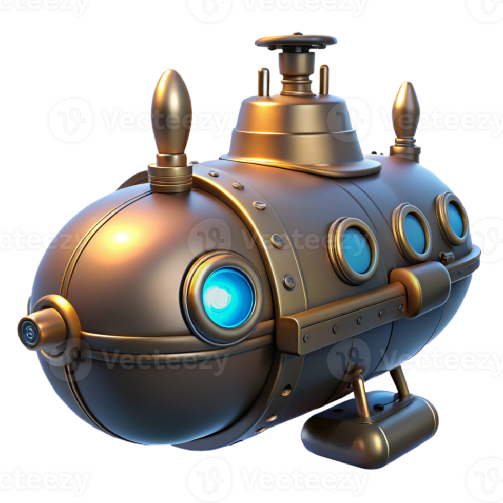 vibrant creative Steampunk Submarine 3D Render detailed png
