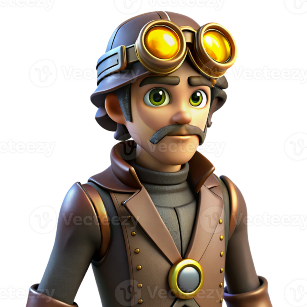 wonderful rustic 3D Render Steampunk Inventor Cartoon Character exclusive png