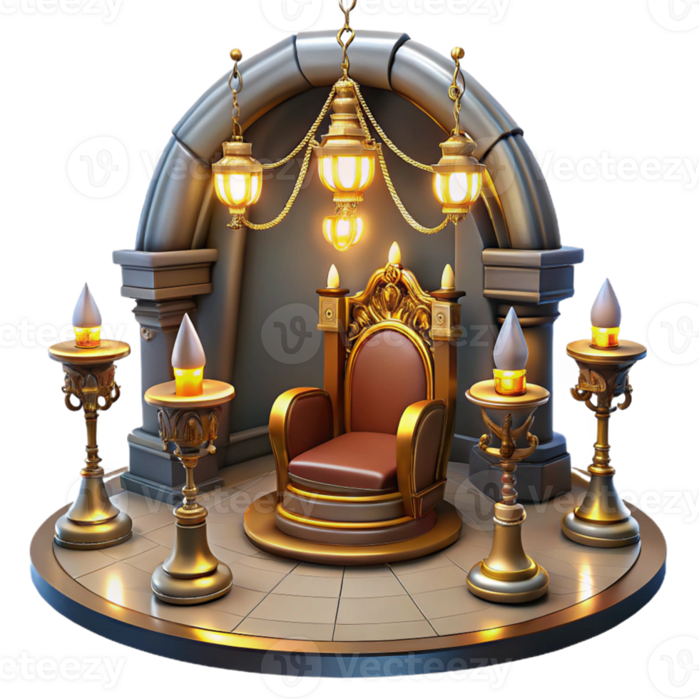 magnificent abstract Royal Throne 3D Render, Golden Chair, Archway, Candles professional png