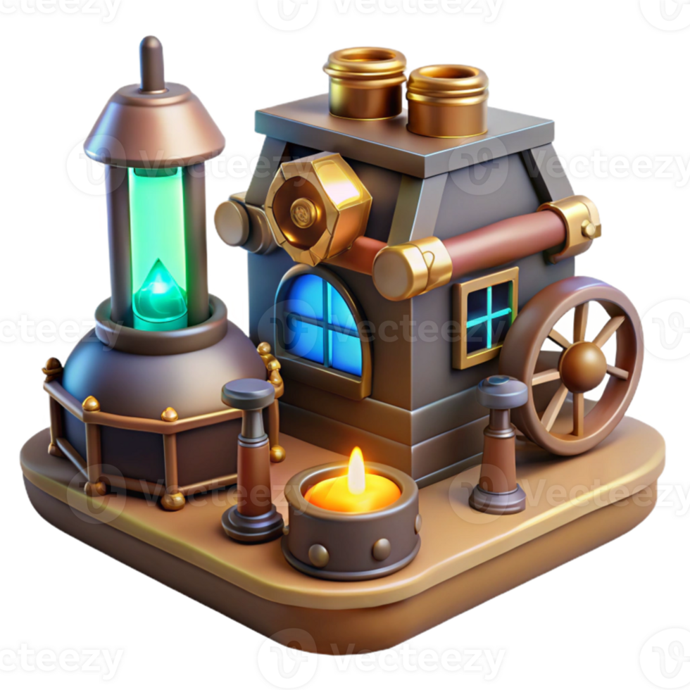 impressive vintage Steampunk Workshop 3D Render professional png
