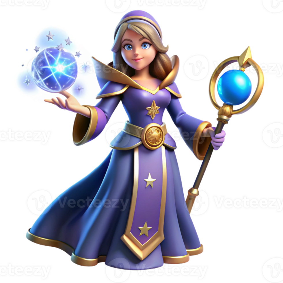 vibrant vintage Fantasy 3D Render of a Female Wizard authentic png