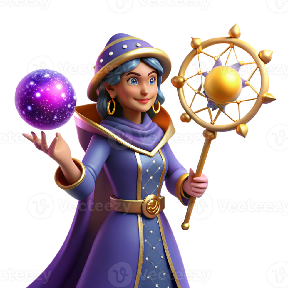 stunning vintage Fantasy 3D Render of a Female Wizard authentic png
