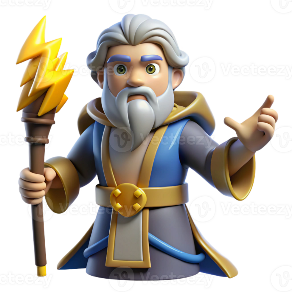 stunning artistic 3D Cartoon Wizard with Lightning Staff high resolution png