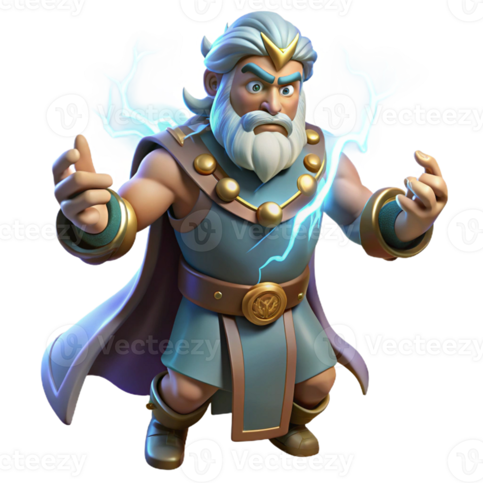 vibrant contemporary Mighty 3D Render of Zeus like Figure high quality png