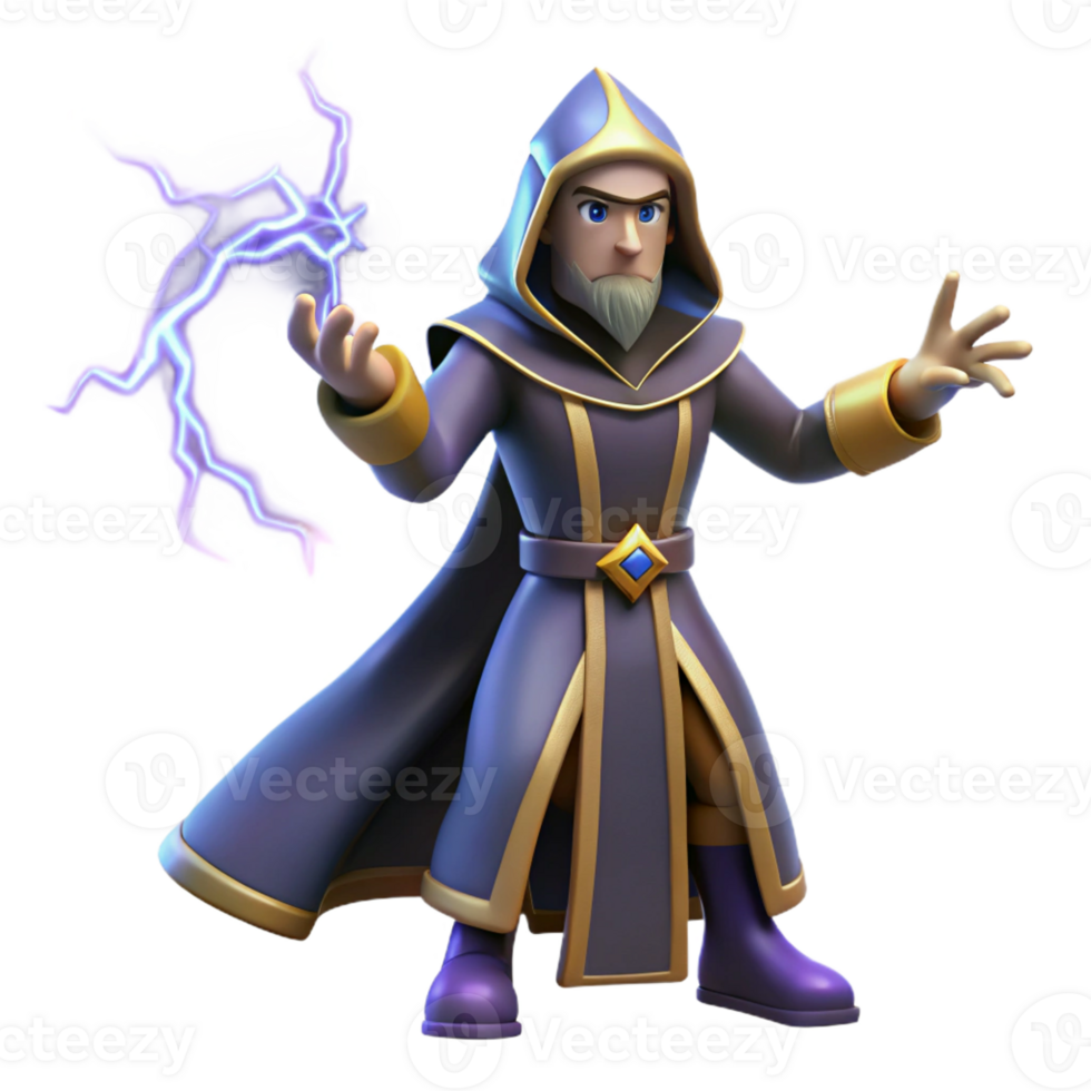 vibrant classic Wizard 3D Render, Magical Robe, Purple Lightning genuine png