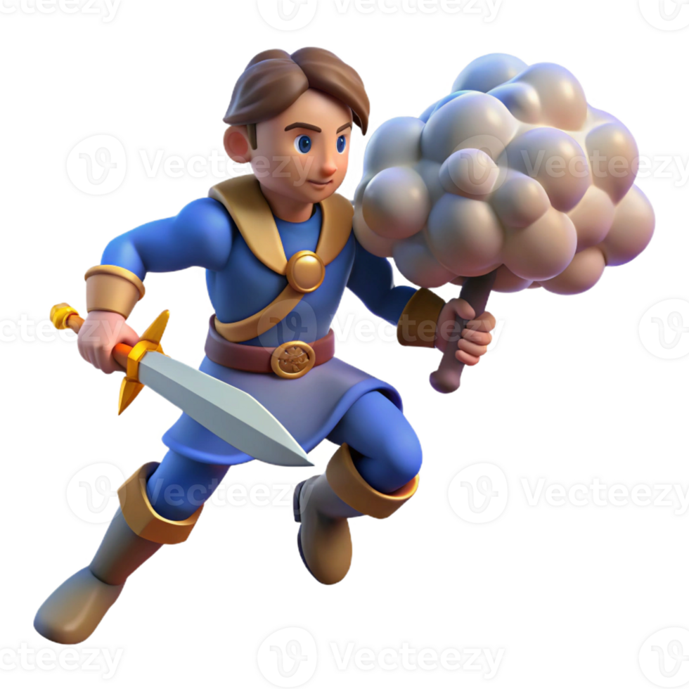 vibrant classic 3D Cartoon Knight Running with Cloud Weapon authentic png
