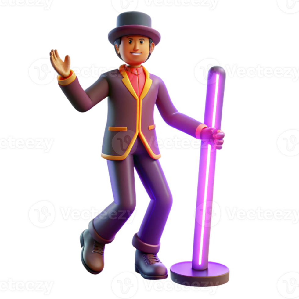 extraordinary contemporary 3D Render Cartoon Magician with Neon Light high resolution png
