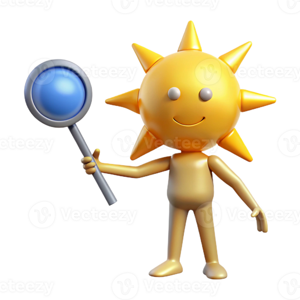 serene creative Cheerful 3D Sun Character with Magnifying Glass exclusive png