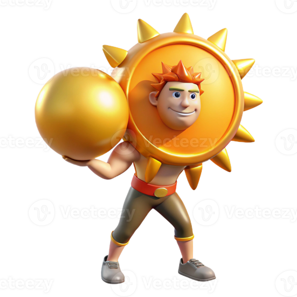 wonderful artistic 3D Sun Mascot Lifting Gold Ball Illustration premium png