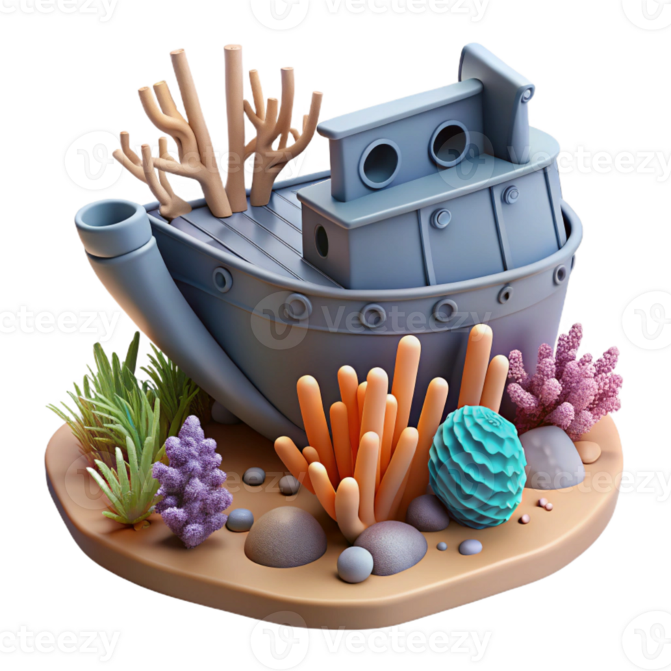 vibrant traditional Sunken Ship 3D Illustration Ocean Scene with Coral Reef premium png