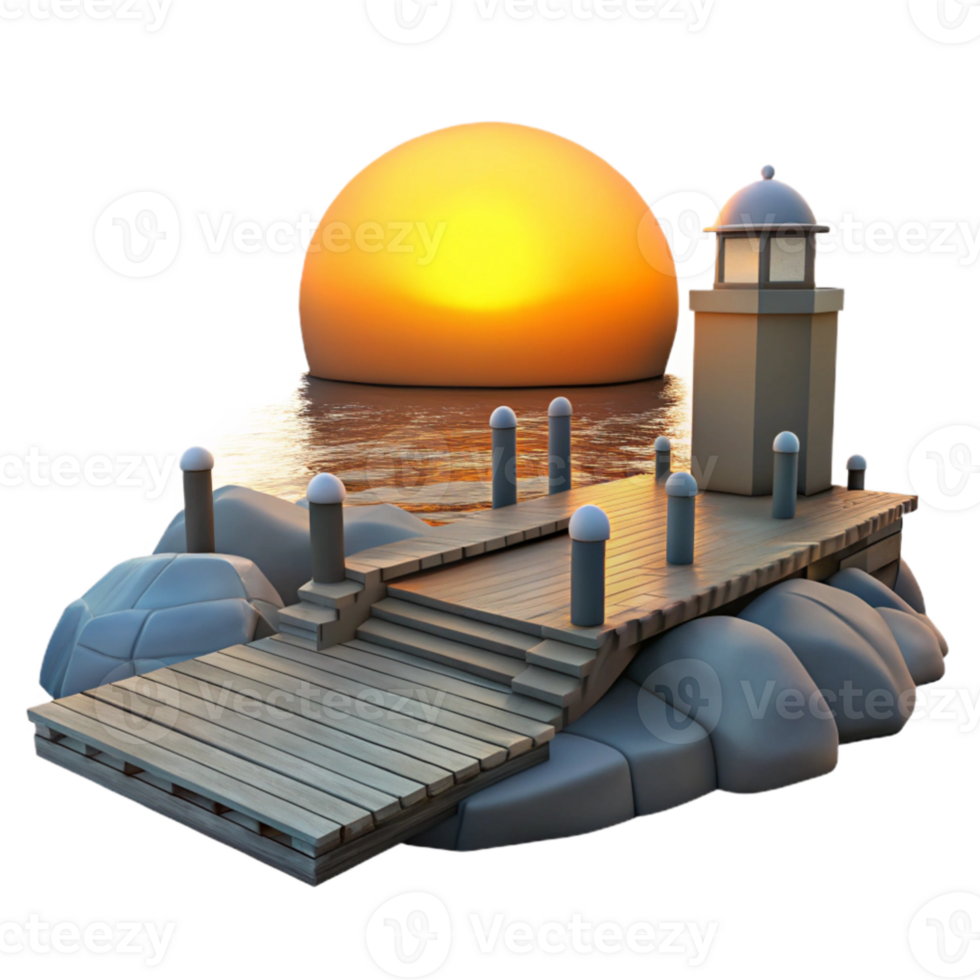serene rustic Sunset Pier 3D Illustration Wooden Dock, Lighthouse, Ocean 4K png
