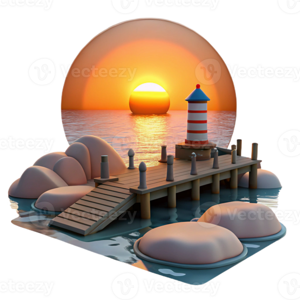 magnificent traditional Sunset at the Dock 3D Illustration authentic png