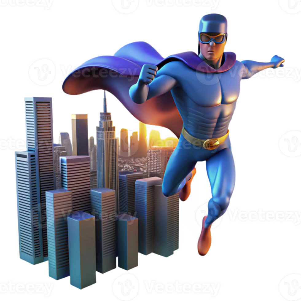 impressive modern 3D Superhero Soaring Over Cityscape Illustration detailed png