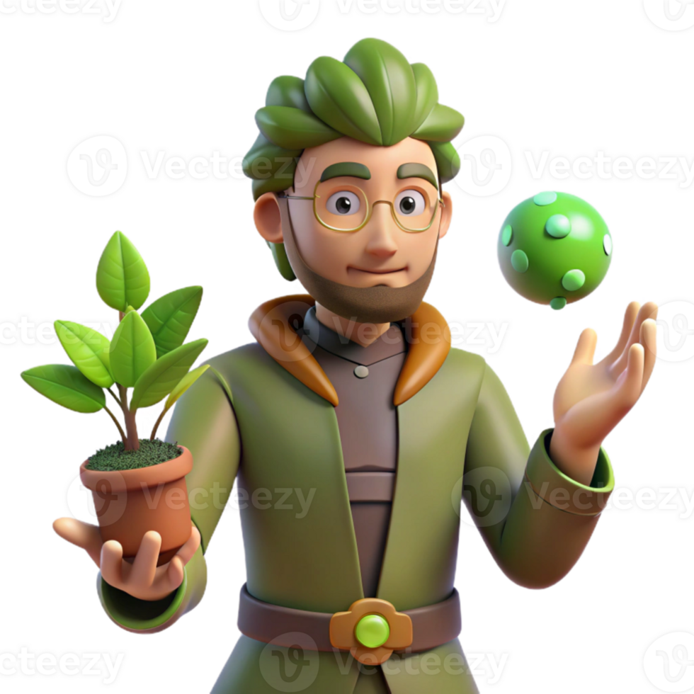 magnificent modern 3D Cartoon Botanist with Plant and Orb exclusive png