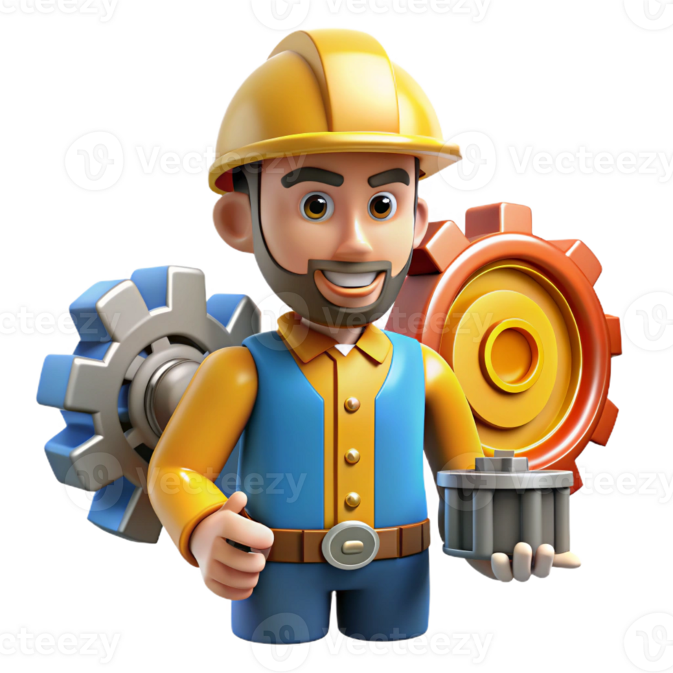 vibrant traditional 3D Cartoon Mechanic with Gears high resolution png