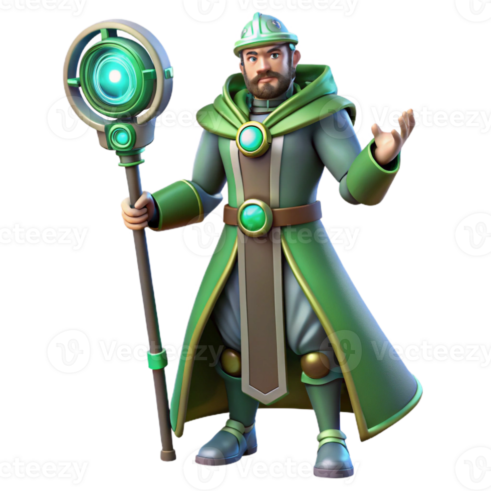 elegant traditional 3D Render Green Wizard with Staff premium png