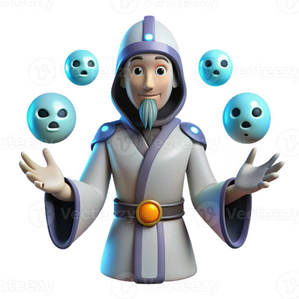 dramatic vintage 3D Illustration Wizard Juggling Glowing Orbs authentic png