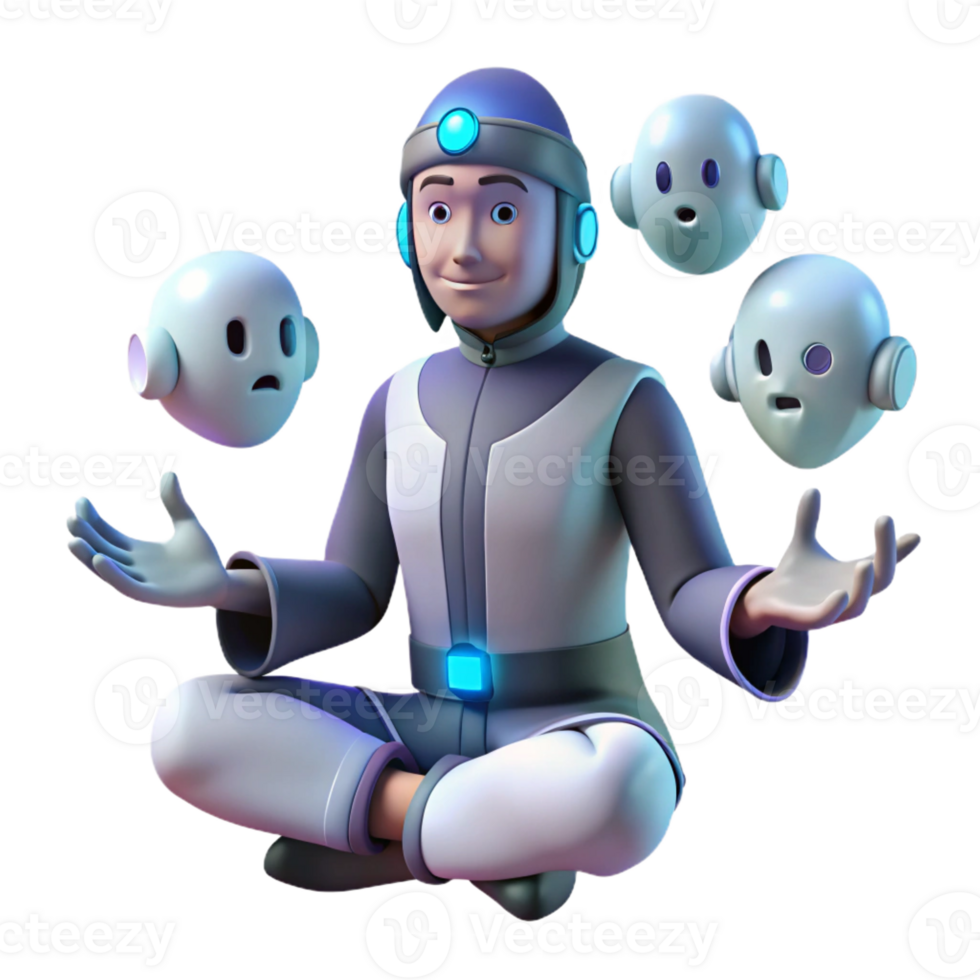 serene creative 3D Illustration Futuristic Boy Meditating with Robots original png
