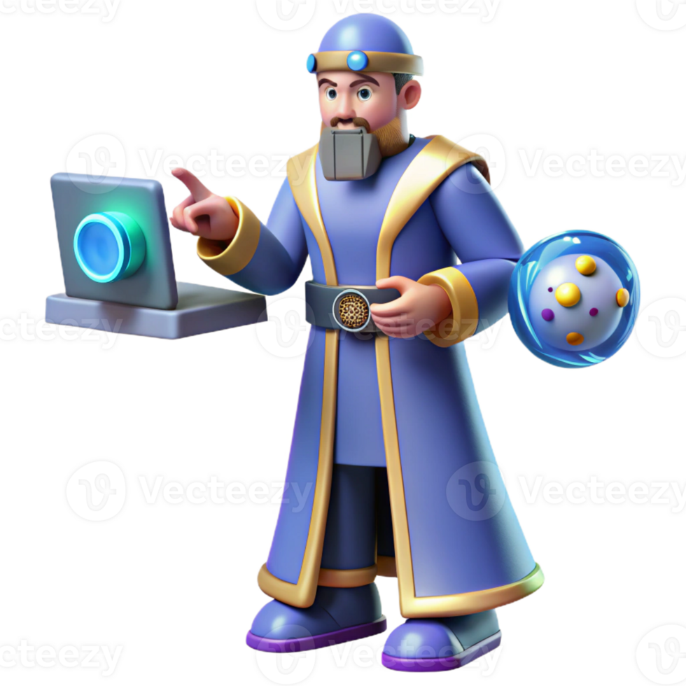 beautiful artistic 3D Render Wizard with Laptop and Orb authentic png