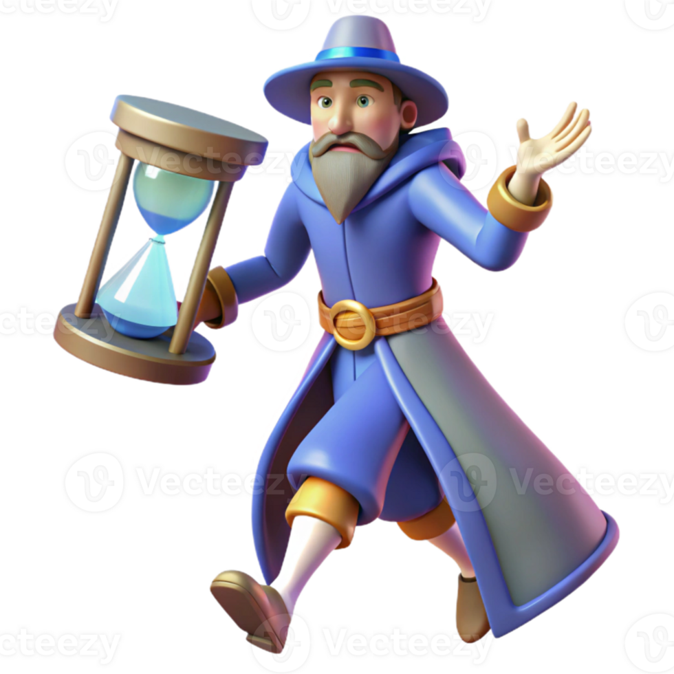 extraordinary abstract 3D Illustration Wizard Running with Hourglass detailed png