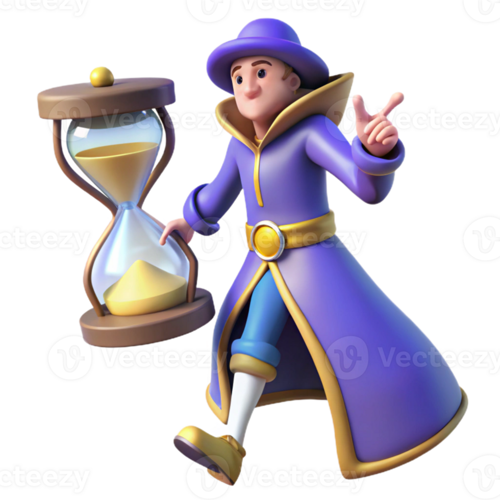wonderful rustic 3D Cartoon Wizard with Hourglass high resolution png