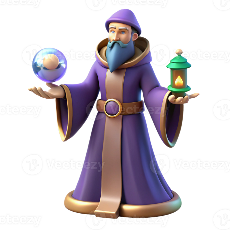 dramatic contemporary 3D Render Wizard with Orb and Lantern authentic png