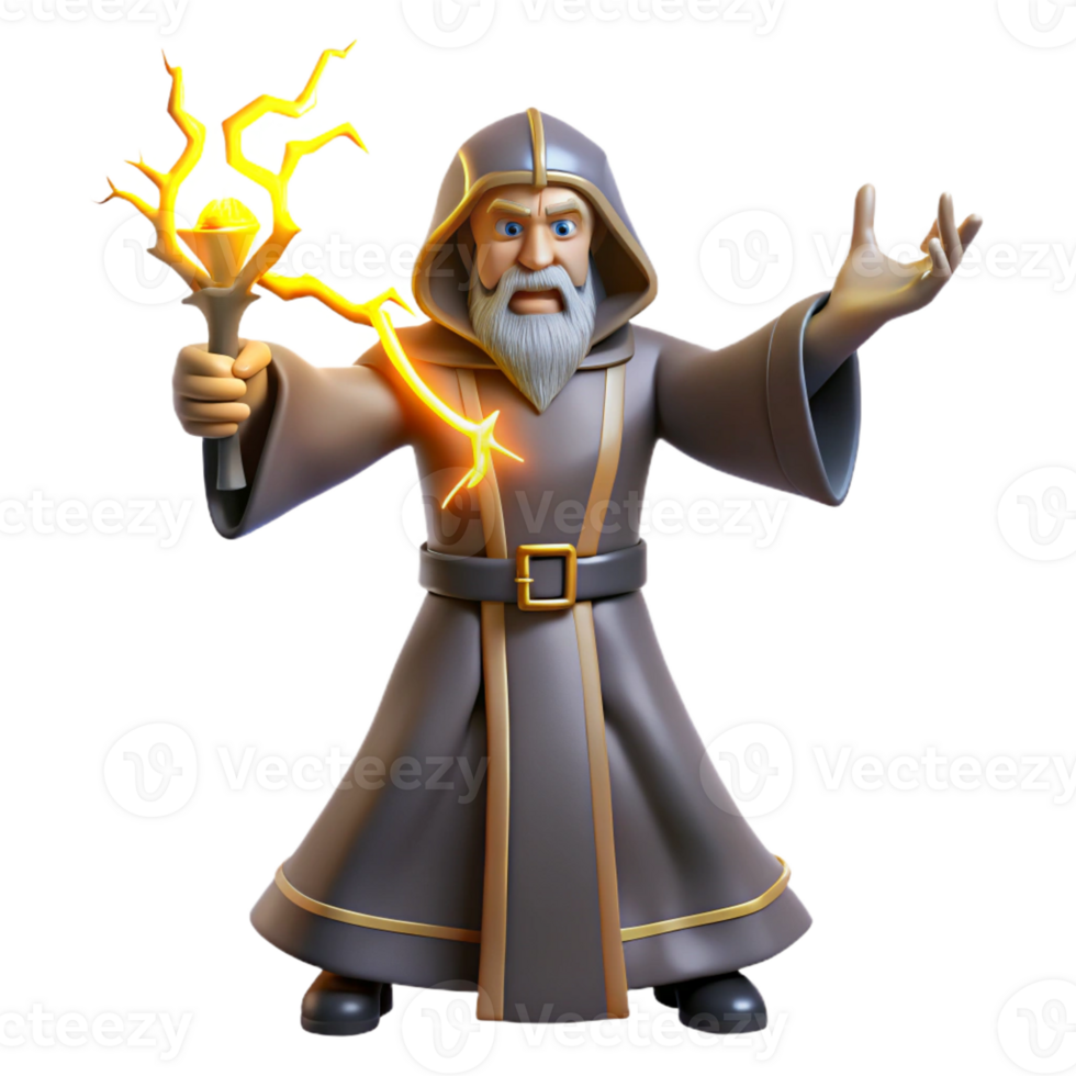 beautiful creative 3D Cartoon Wizard with Lightning Staff authentic png