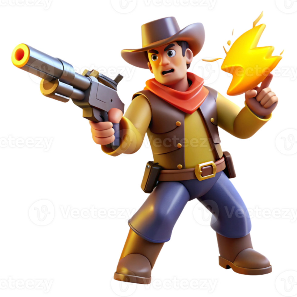 extraordinary abstract 3D Cartoon Cowboy with Shotgun and Lightning premium png