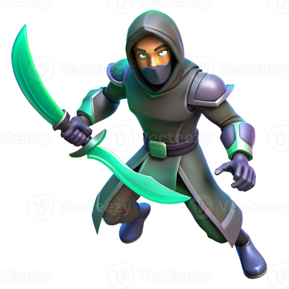serene vintage 3D Render Green Dagger Ninja detailed png