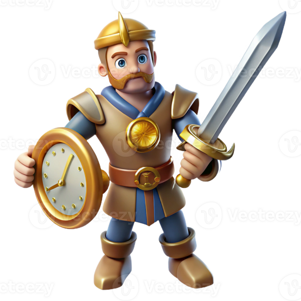 dramatic traditional 3D Cartoon Knight with Clock Shield and Sword authentic png