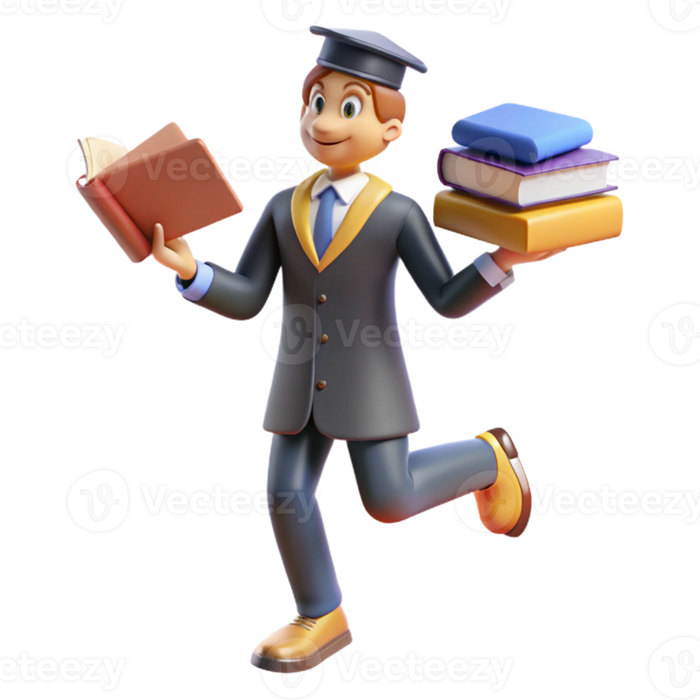 extraordinary classic Joyful 3D Graduate Student Running with Books detailed png
